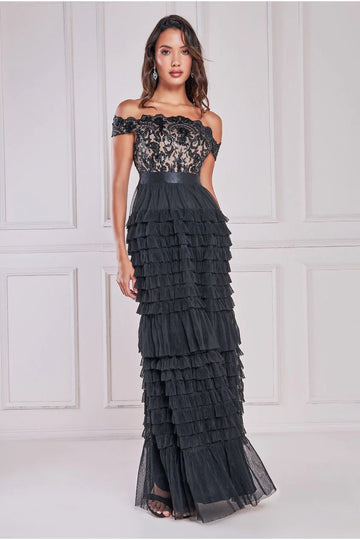 Scallop Bardot Ruffle Mesh Maxi Goddiva